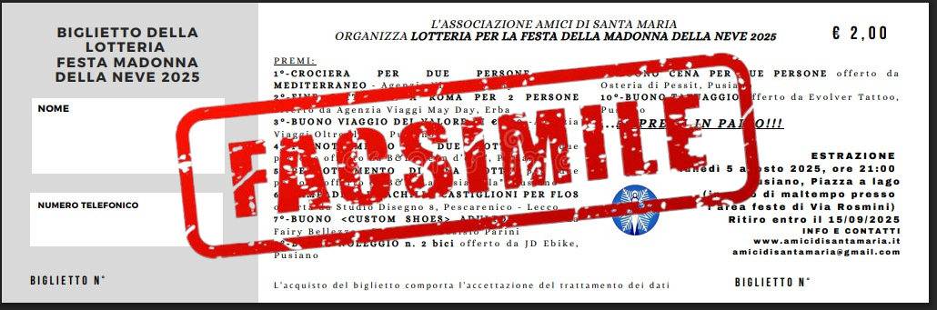 Lotteria benefica per la Festa della Madonna della Neve 2025